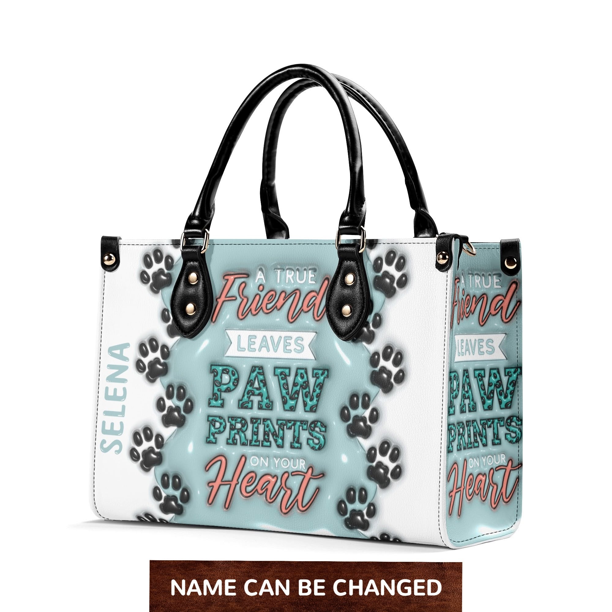 3D Inflated | Paw Prints On Heart - Personalized Leather Handbag